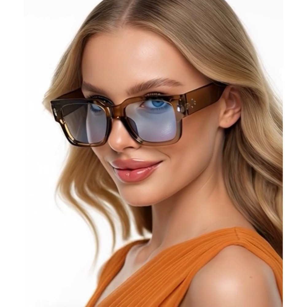 Stylish Thick Frame Sunglasses Blue Lens Square Acetate Women's Eyewear Lentes